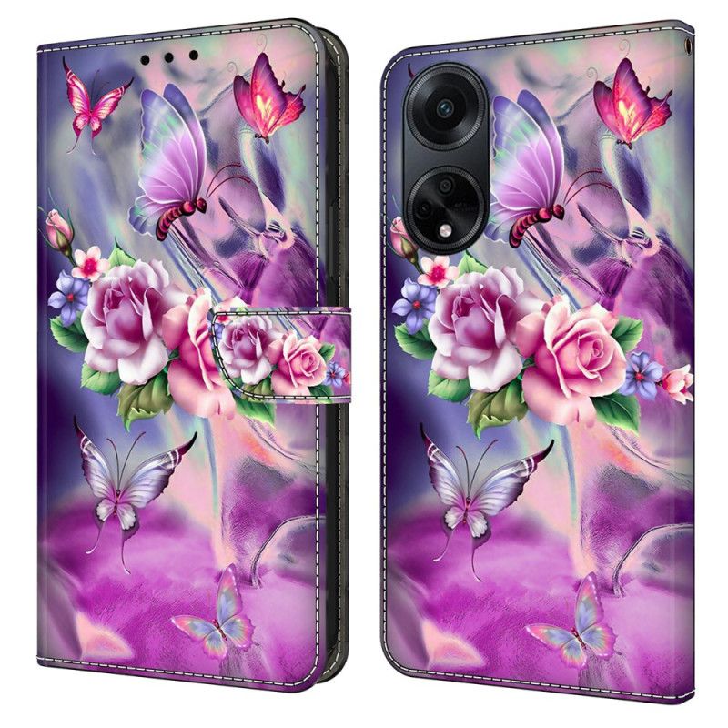 Leren Hoesje Oppo A98 5g Vlinders En Violette Bloemen Bescherming Hoesje