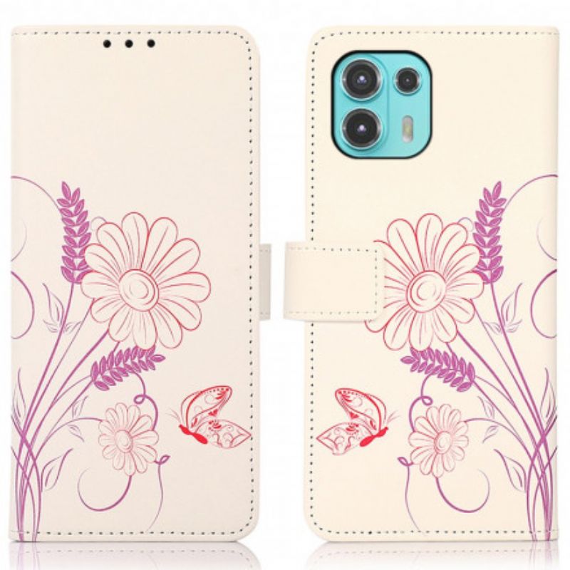 Leren Hoesje Voor Motorola Edge 20 Lite Vlinders En Bloemen Tekenen