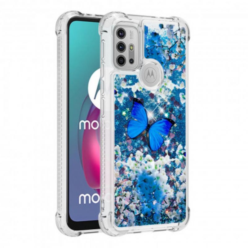 Case Hoesje Moto G30 / G10 Telefoonhoesje Blauwe Glittervlinders