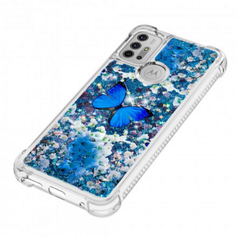 Case Hoesje Moto G30 / G10 Telefoonhoesje Blauwe Glittervlinders