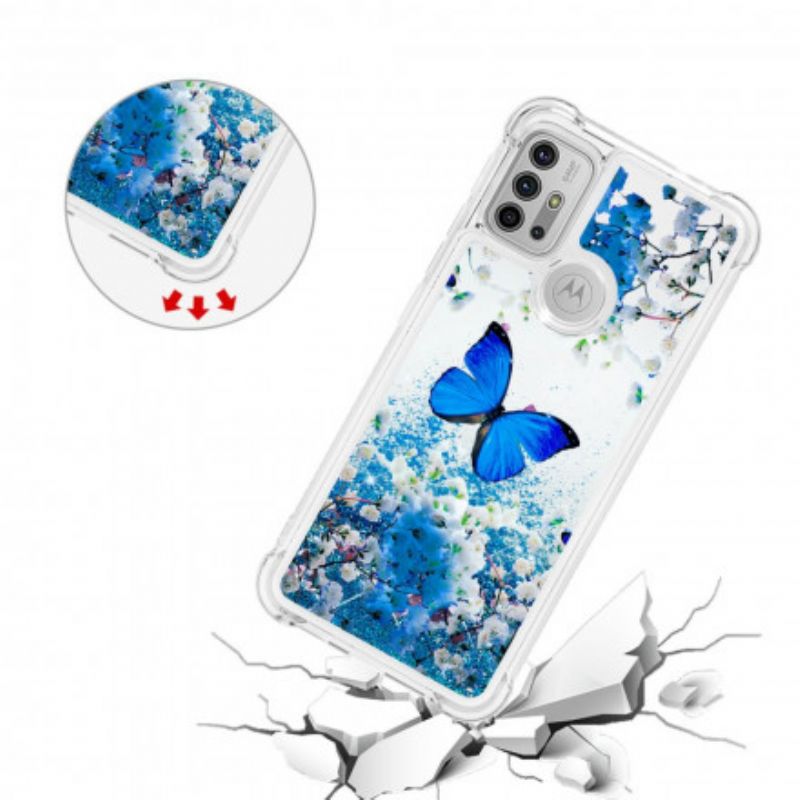 Case Hoesje Moto G30 / G10 Telefoonhoesje Blauwe Glittervlinders