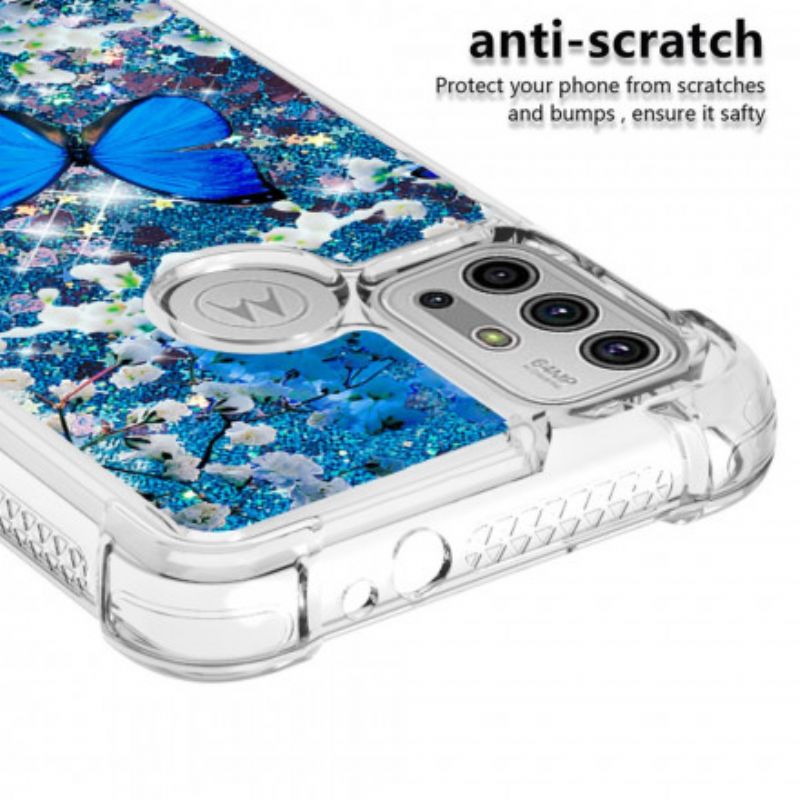 Case Hoesje Moto G30 / G10 Telefoonhoesje Blauwe Glittervlinders