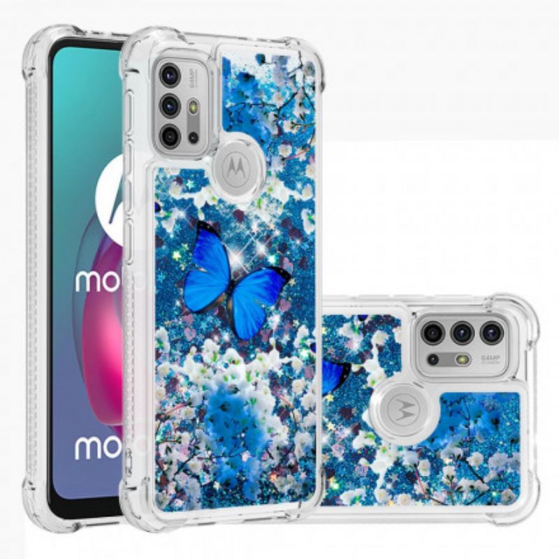 Case Hoesje Moto G30 / G10 Telefoonhoesje Blauwe Glittervlinders