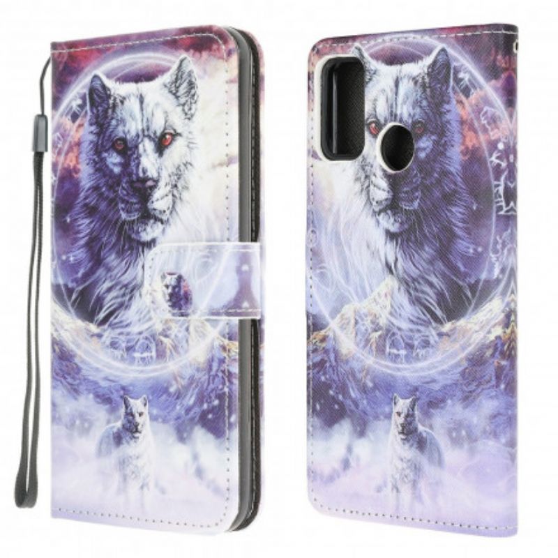 Folio-hoesje Moto G30 / G10 Telefoonhoesje Wolf In Winter Met Lanyard