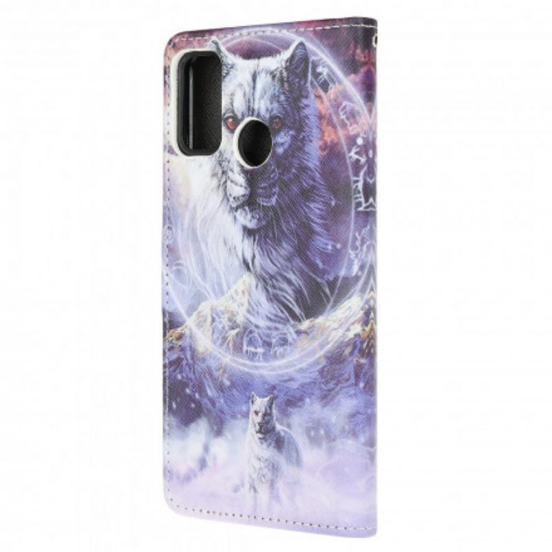 Folio-hoesje Moto G30 / G10 Telefoonhoesje Wolf In Winter Met Lanyard