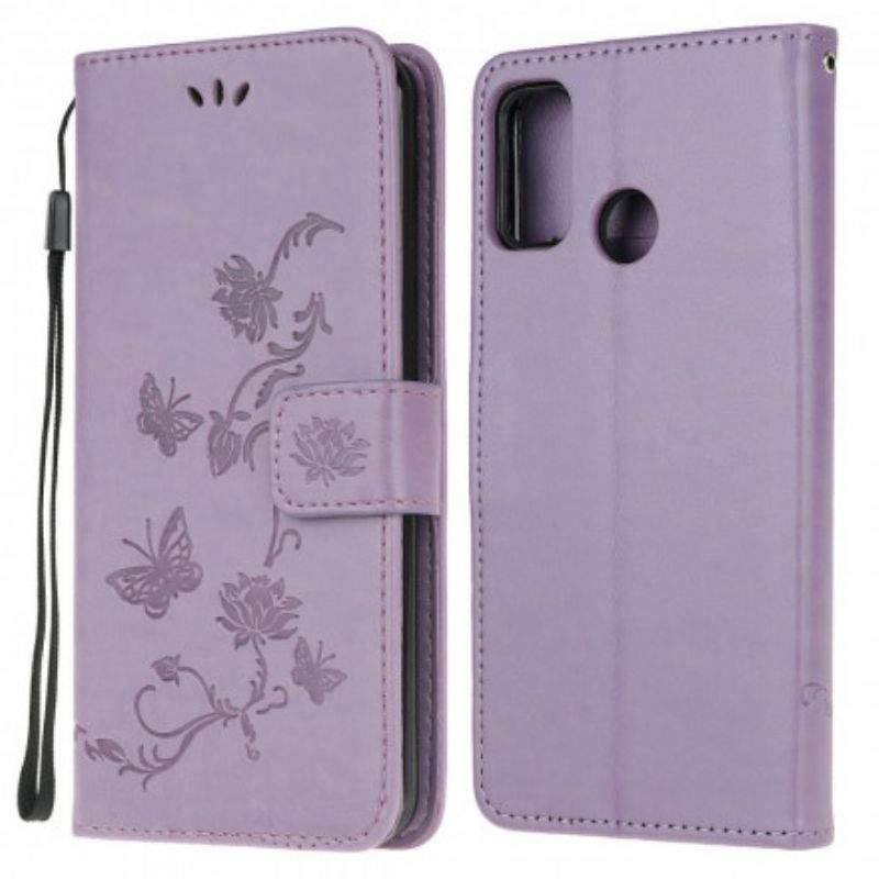 Leren Hoesje Voor Moto G30 / G10 Vlinders En Bloemen Strappy