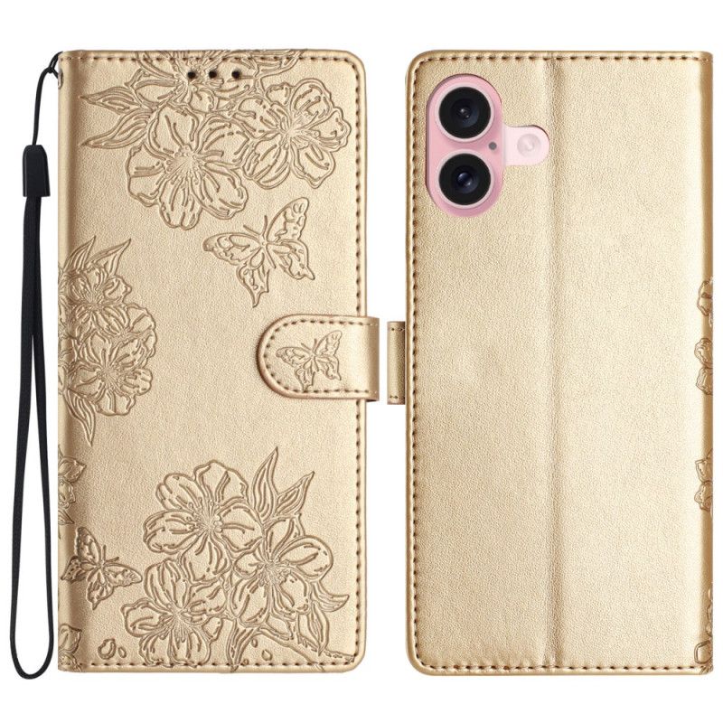 Flip Case Leren iPhone 16 Patroon Met Vlinders En Bloemen