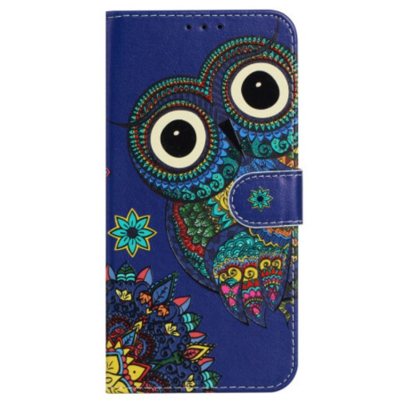 Folio-hoesje iPhone 16 Blauwe Uil Met Riem