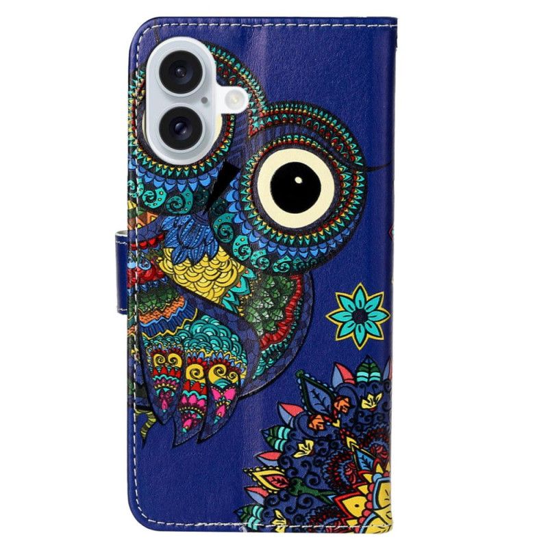 Folio-hoesje iPhone 16 Blauwe Uil Met Riem