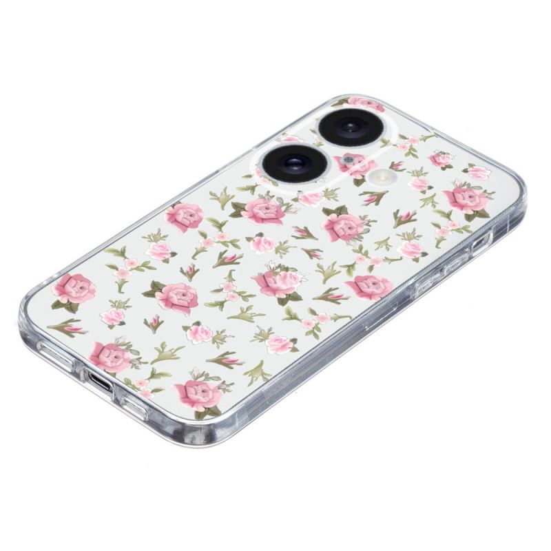 Hoesje iPhone 16 Transparante Rand Roze Bloemen