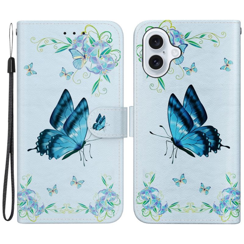 Leren Hoesje iPhone 16 Blauwe Vlinder En Bloemen Met Riempje Bescherming Hoesje