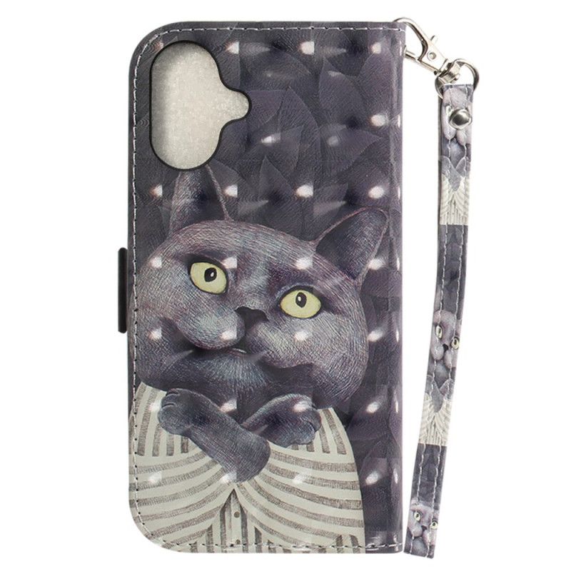 Leren Hoesje iPhone 16 Grijze Kat Met Riem Bescherming Hoesje