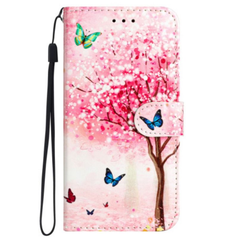 Leren Hoesje iPhone 16 Kersenbloesemboom Met Riem Bescherming Hoesje