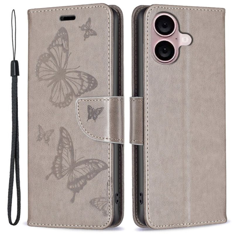 Leren Hoesje iPhone 16 Lanyard Vlinders