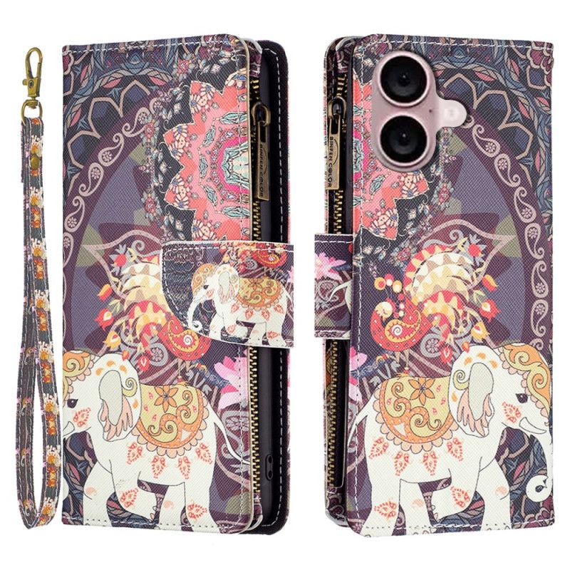 Leren Hoesje iPhone 16 Tribal Olifant Portemonnee Bescherming Hoesje