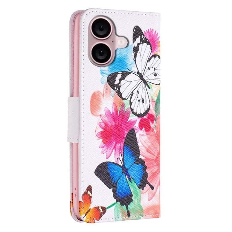 Leren Hoesje iPhone 16 Twee Vlinders Bescherming Hoesje