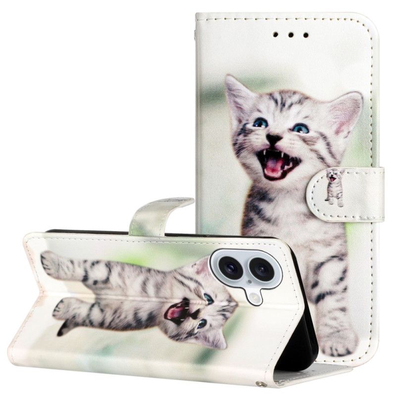 Leren Hoesje Voor iPhone 16 Kleine Kat Met Riem