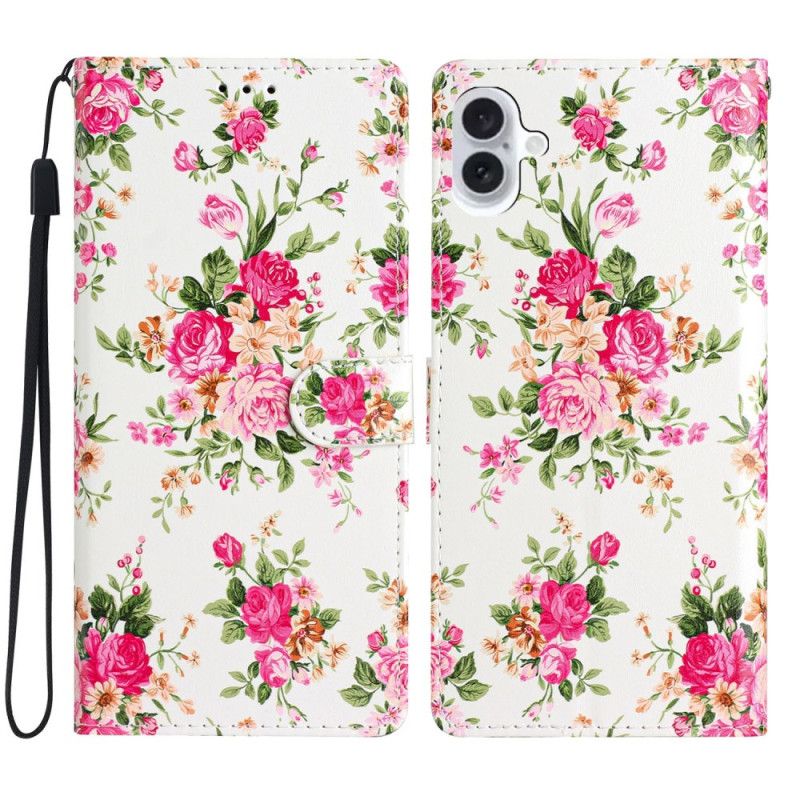 Leren Hoesje Voor iPhone 16 Rode Bloemen Met Riem