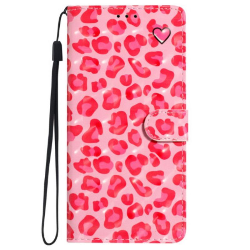 Leren Hoesje Voor iPhone 16 Roze Luipaardprint Met Riempje