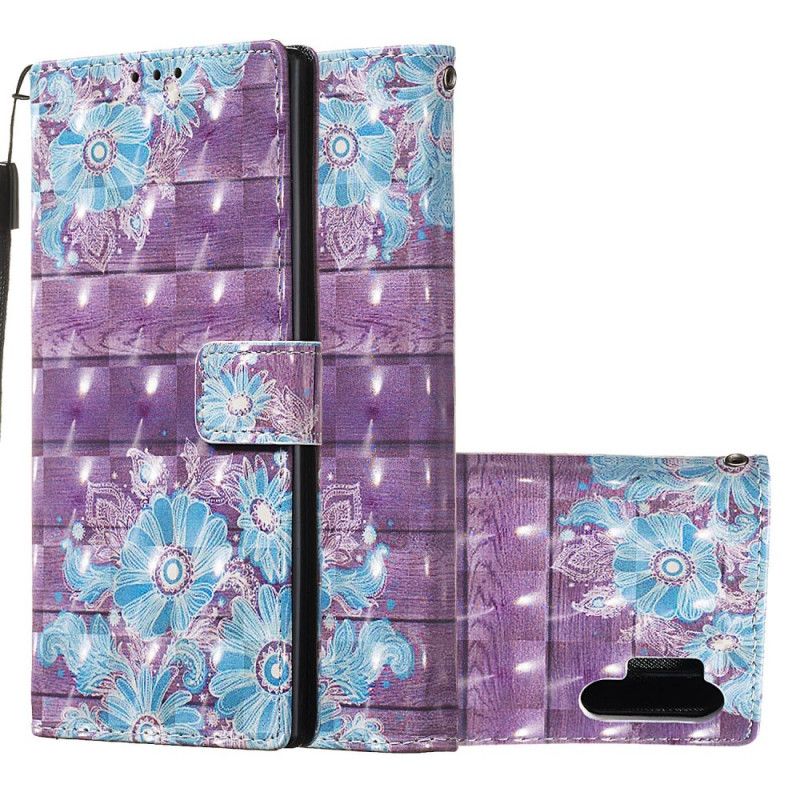 Leren Hoesje Samsung Galaxy Note 10 Plus Blauwe Bloemen Met Riempje