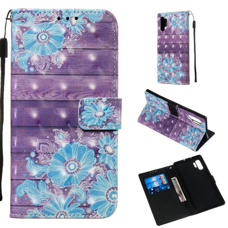 Leren Hoesje Samsung Galaxy Note 10 Plus Blauwe Bloemen Met Riempje