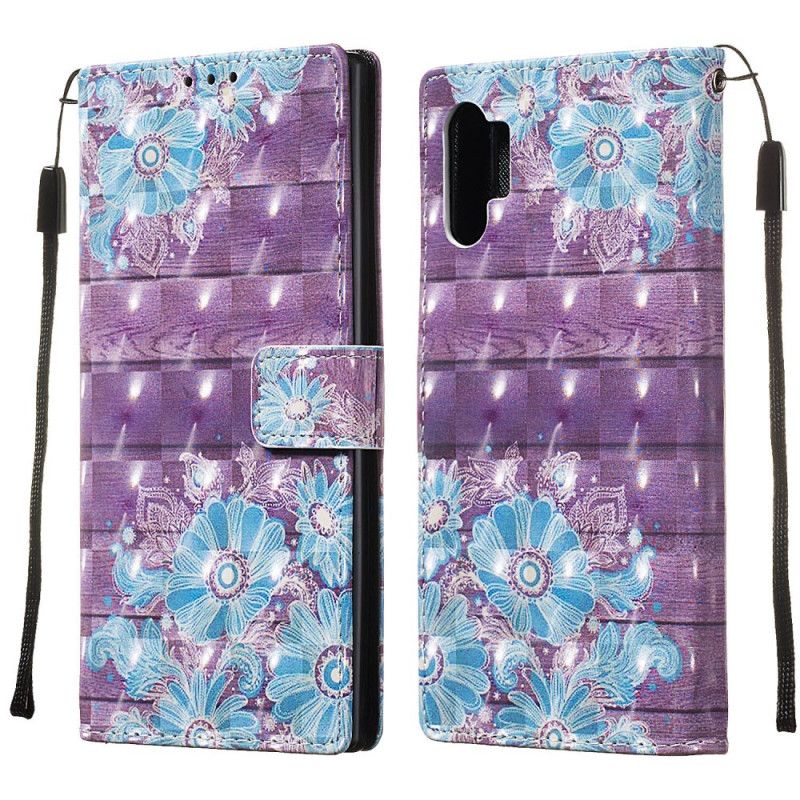 Leren Hoesje Samsung Galaxy Note 10 Plus Blauwe Bloemen Met Riempje