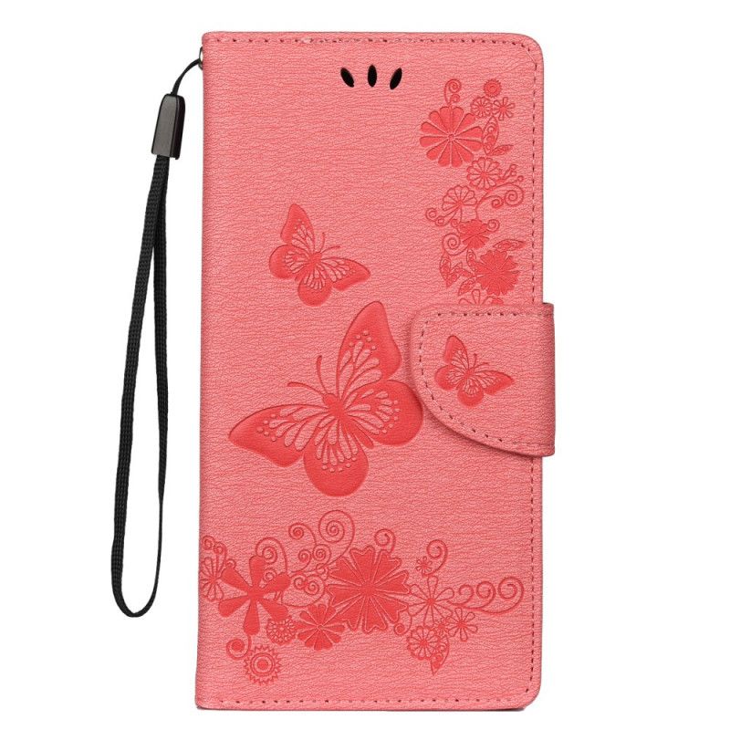 Leren Hoesje Samsung Galaxy Note 10 Plus Grijs Zwart Vlinders En Stringbloemen