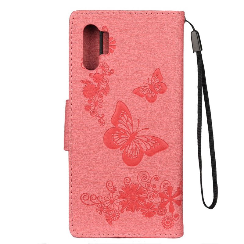 Leren Hoesje Samsung Galaxy Note 10 Plus Grijs Zwart Vlinders En Stringbloemen