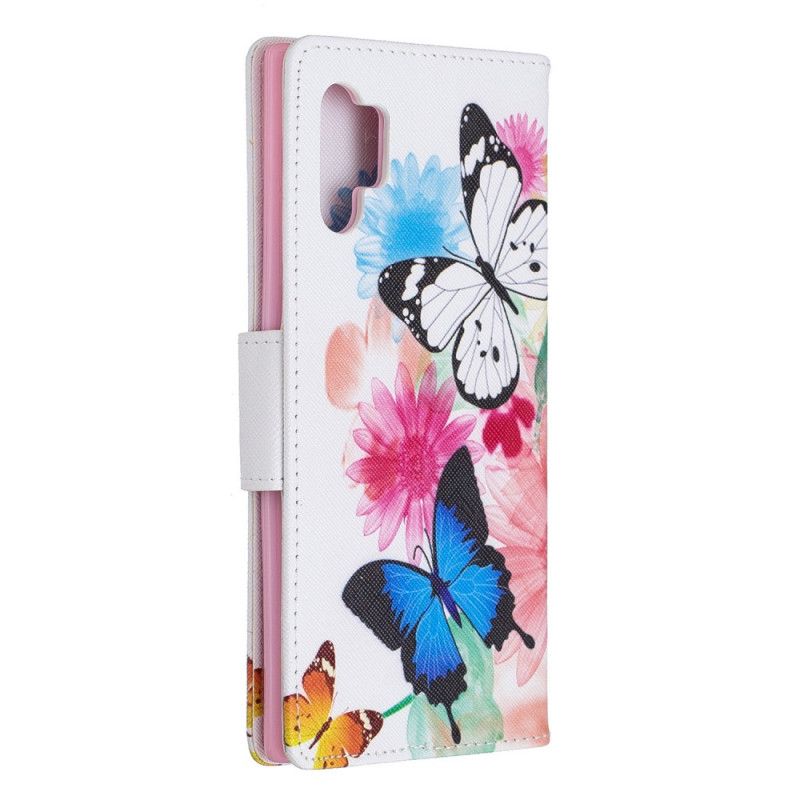 Leren Hoesje Samsung Galaxy Note 10 Plus Lichtblauw Telefoonhoesje Geschilderde Vlinders En Bloemen