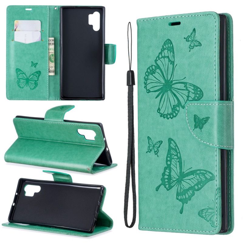 Leren Hoesje voor Samsung Galaxy Note 10 Plus Magenta Grijs Mooie Strappy Vlinders