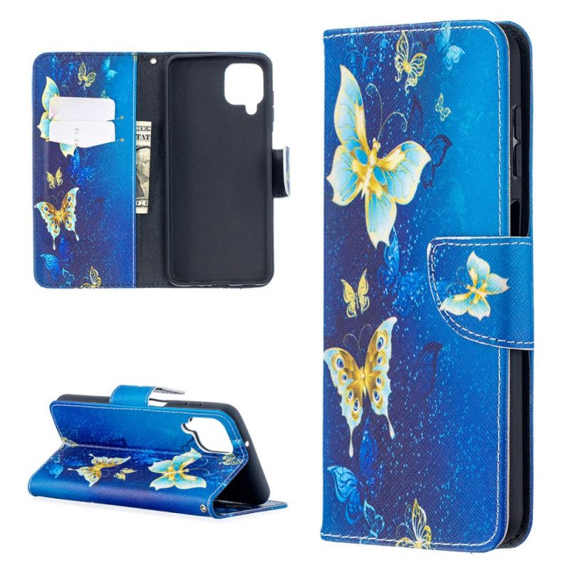 Cover Folio-hoesje Samsung Galaxy A12 Donkerblauw Zwart Telefoonhoesje Gouden Vlinders