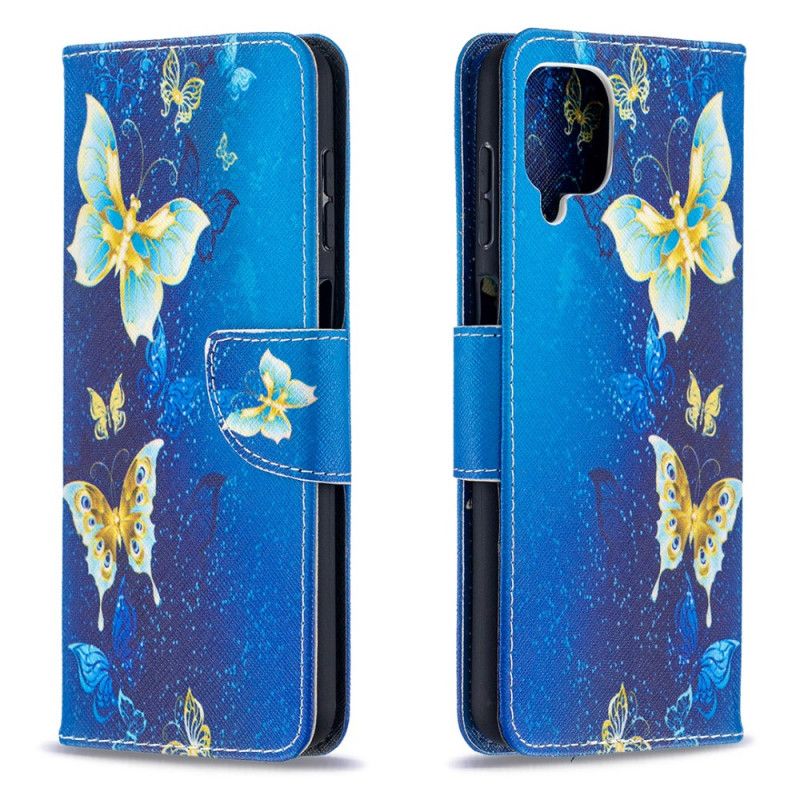 Cover Folio-hoesje Samsung Galaxy A12 Donkerblauw Zwart Telefoonhoesje Gouden Vlinders