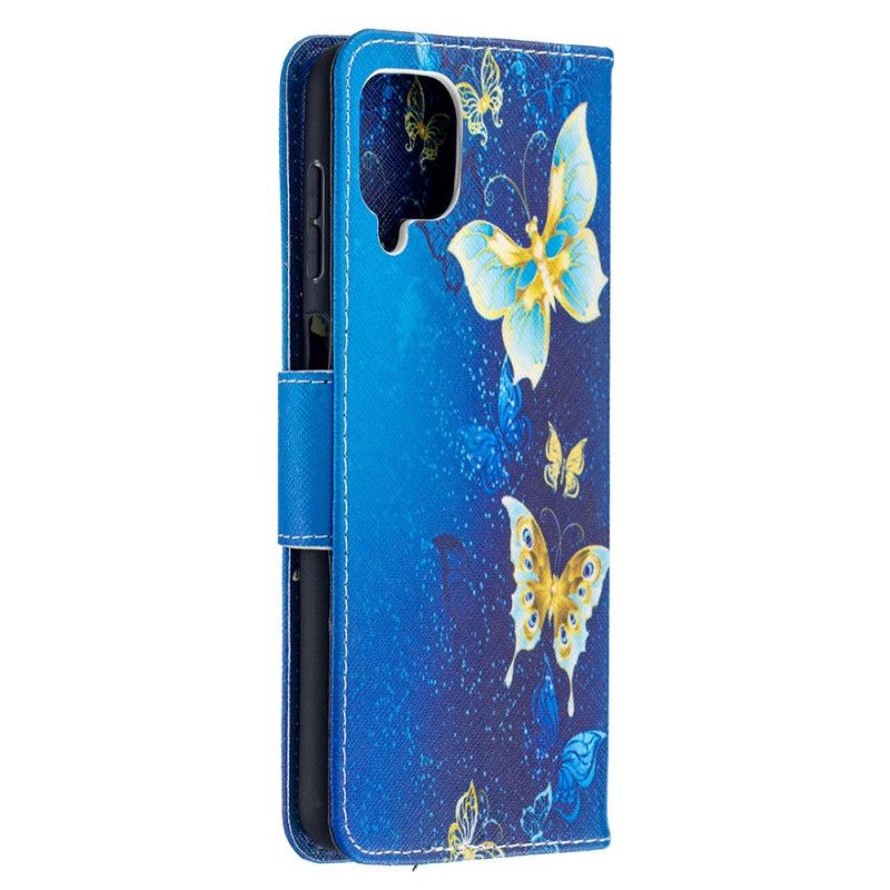 Cover Folio-hoesje Samsung Galaxy A12 Donkerblauw Zwart Telefoonhoesje Gouden Vlinders