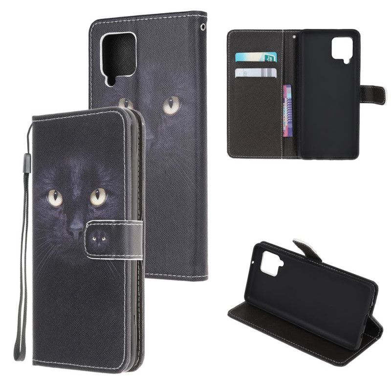 Cover Folio-hoesje Samsung Galaxy A12 Telefoonhoesje Zwarte Kattenogen Met String