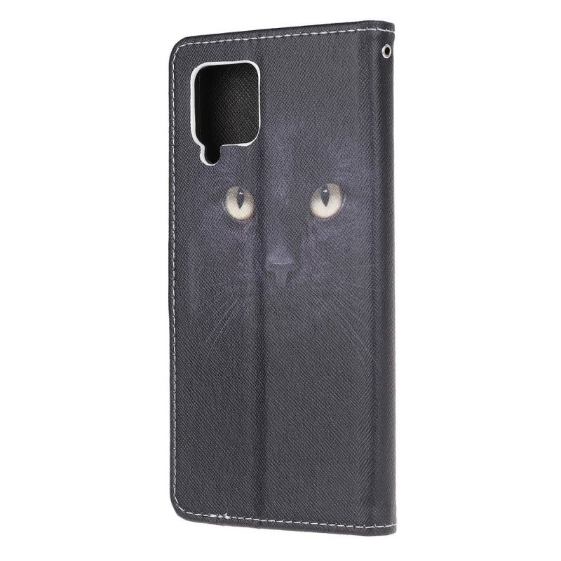 Cover Folio-hoesje Samsung Galaxy A12 Telefoonhoesje Zwarte Kattenogen Met String