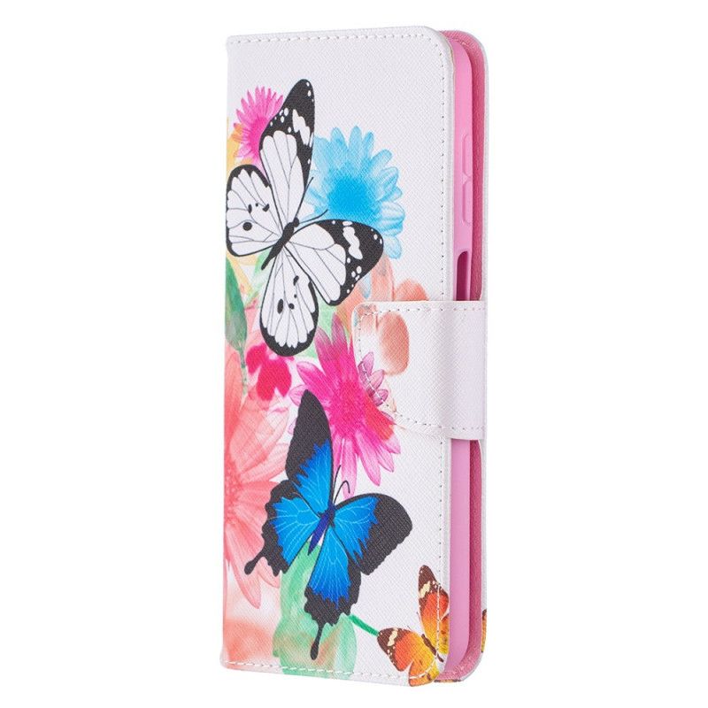 Flip Case Leren Samsung Galaxy A12 Lichtblauw Magenta Geschilderde Vlinders En Bloemen