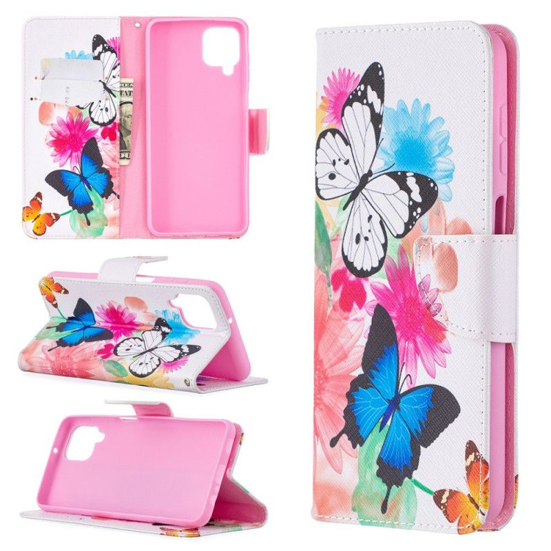 Flip Case Leren Samsung Galaxy A12 Lichtblauw Magenta Geschilderde Vlinders En Bloemen