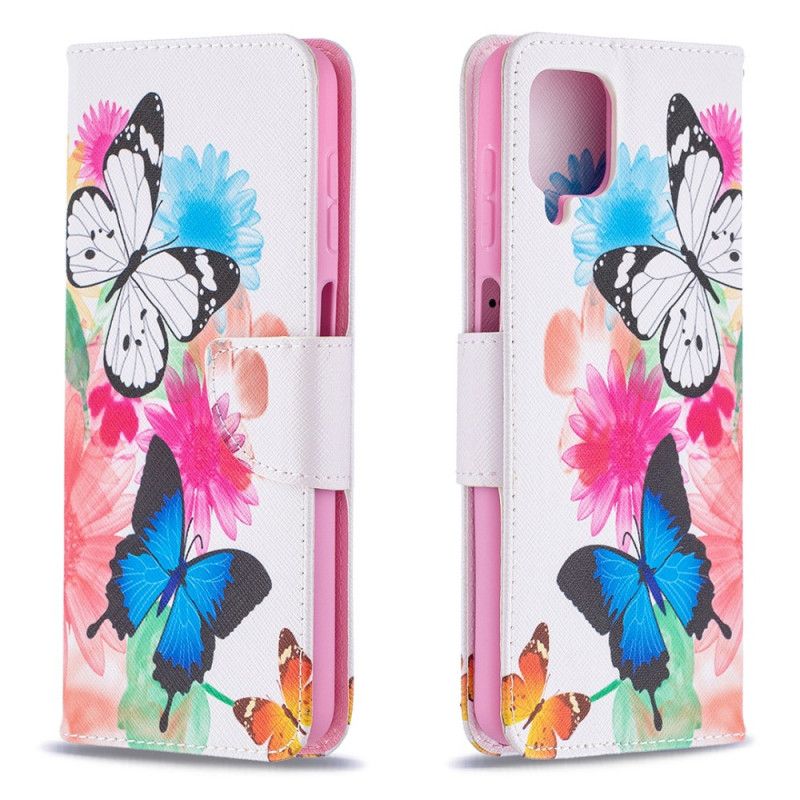 Flip Case Leren Samsung Galaxy A12 Lichtblauw Magenta Geschilderde Vlinders En Bloemen