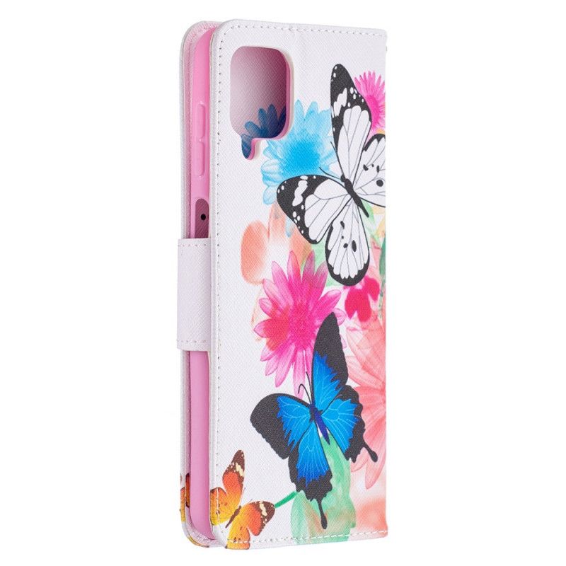 Flip Case Leren Samsung Galaxy A12 Lichtblauw Magenta Geschilderde Vlinders En Bloemen