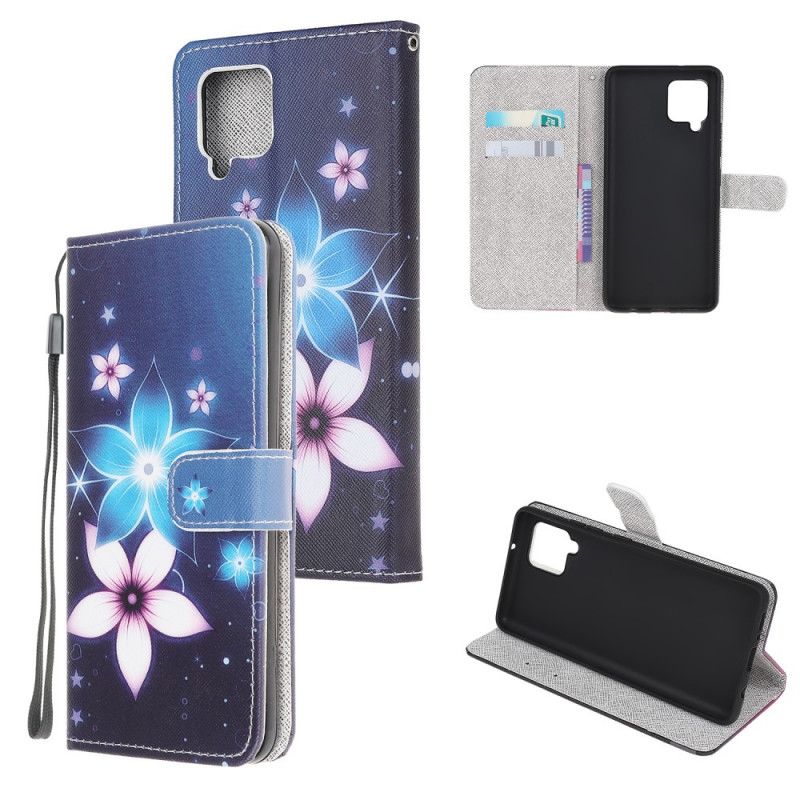 Flip Case Leren Samsung Galaxy A12 Maanbloemen Met String