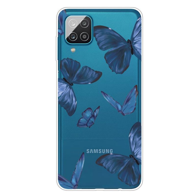 Hoesje Samsung Galaxy A12 Donkerblauw Roze Wilde Vlinders