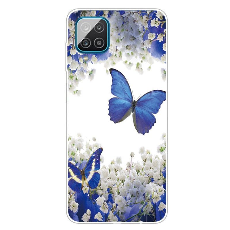 Hoesje Samsung Galaxy A12 Goud Donkerblauw Design Vlinders