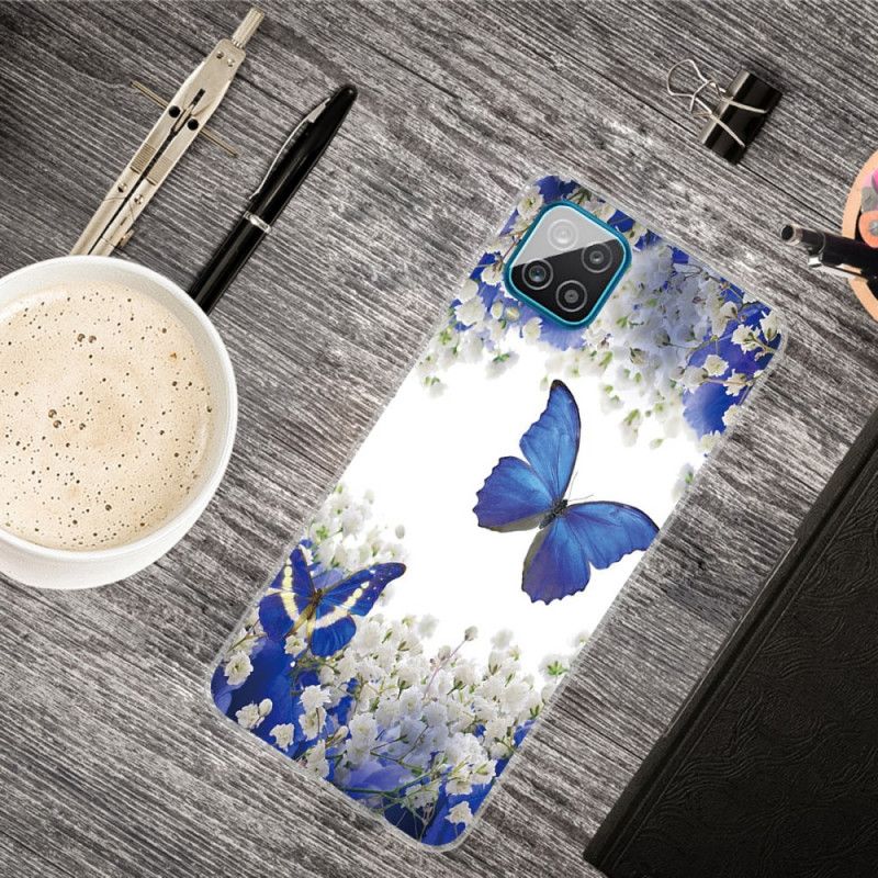 Hoesje Samsung Galaxy A12 Goud Donkerblauw Design Vlinders