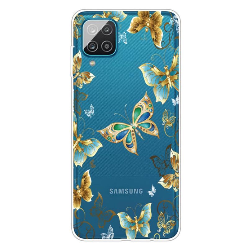 Hoesje Samsung Galaxy A12 Goud Donkerblauw Design Vlinders