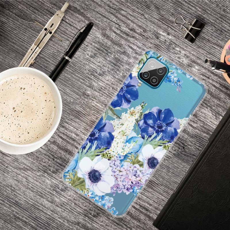 Hoesje Samsung Galaxy A12 Transparante Aquarelblauwe Bloemen