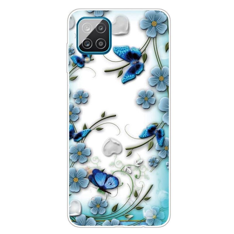 Hoesje voor Samsung Galaxy A12 Transparante Retro Vlinders En Bloemen