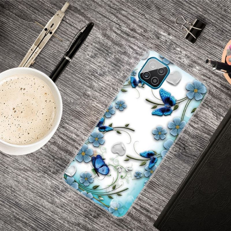 Hoesje voor Samsung Galaxy A12 Transparante Retro Vlinders En Bloemen