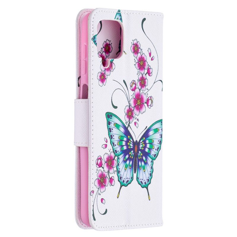 Leren Hoesje Samsung Galaxy A12 Donkerblauw Magenta Koningen Vlinders