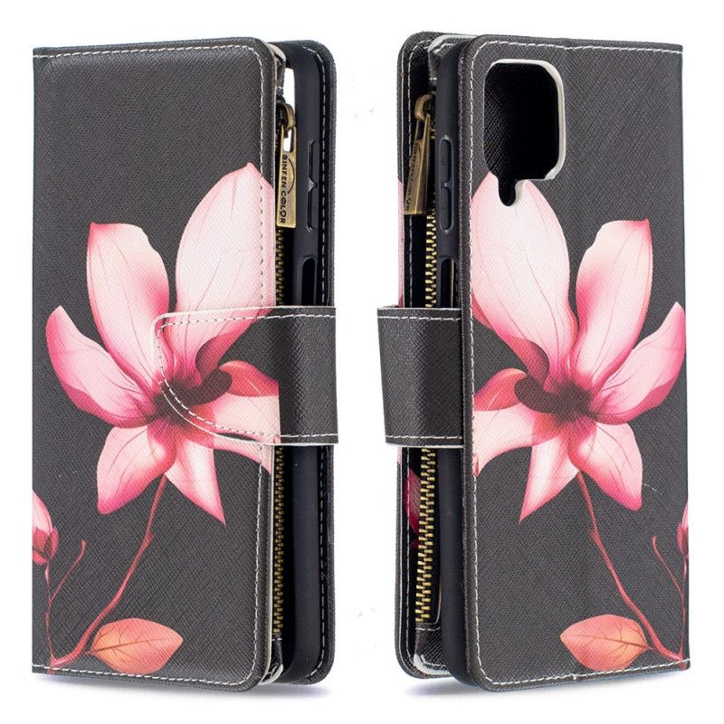 Leren Hoesje Samsung Galaxy A12 Wit Zwart Bloemenzak Met Ritssluiting