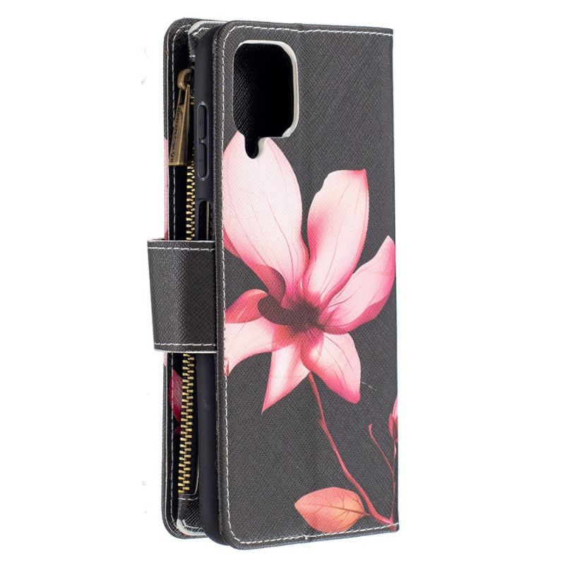 Leren Hoesje Samsung Galaxy A12 Wit Zwart Bloemenzak Met Ritssluiting